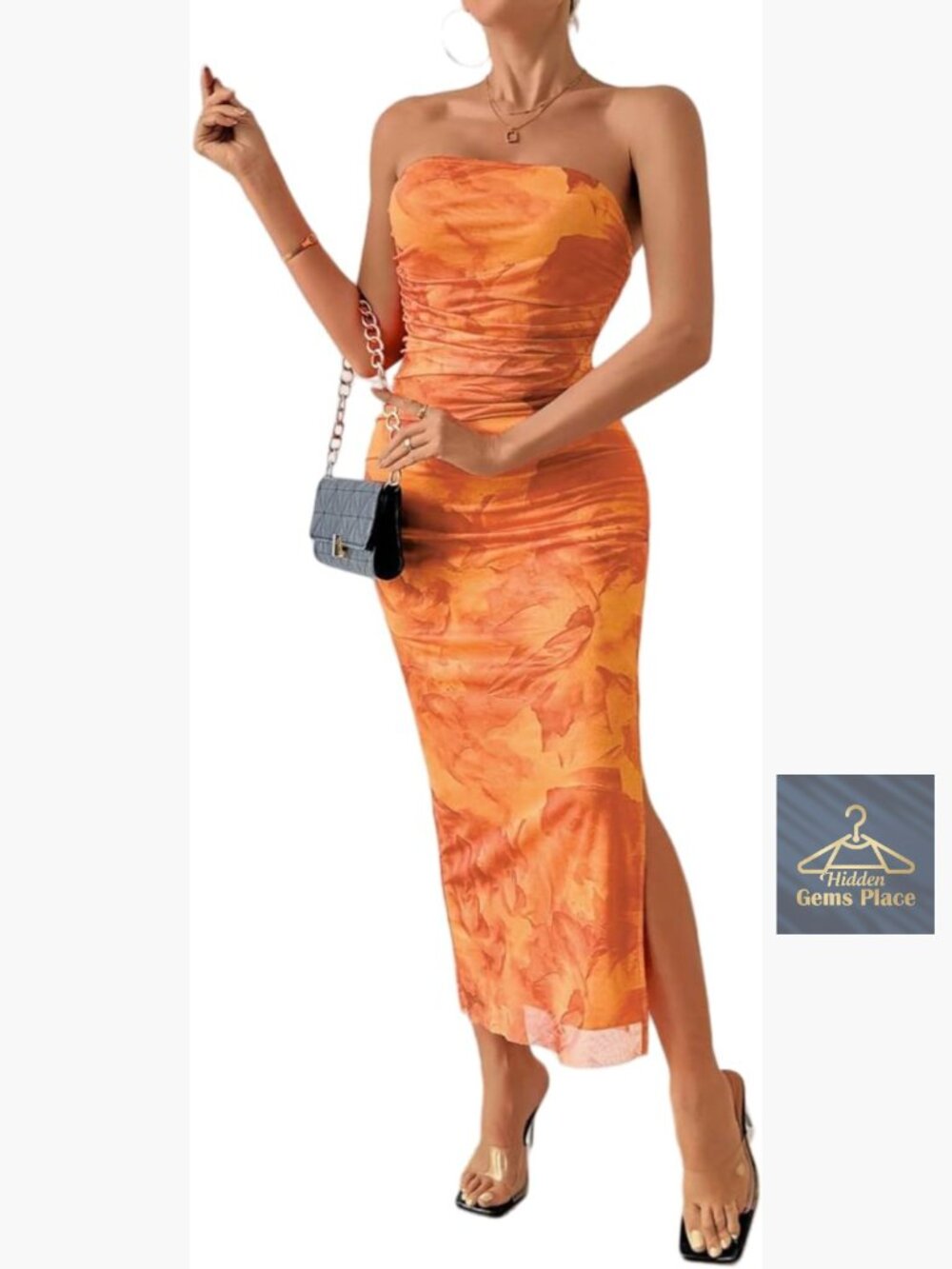 Strapless Tube Bodycon Maxi Dress with Side Slit and Mesh Overlay